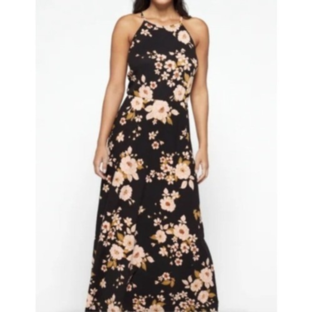 French Grey Floral‎ Halter Maxi Dress Black Boho Tie Neck Elastic Waist Large